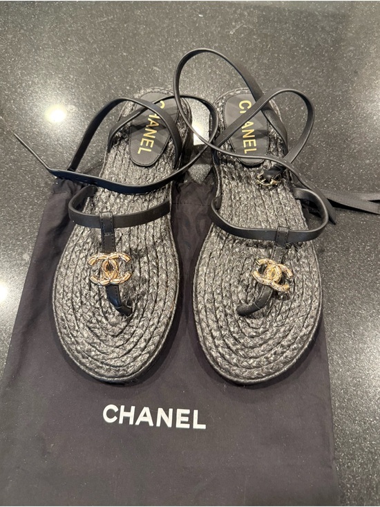 CHANEL Shoes - CHANEL Black Braided Espadrille Thong Sandals with Gold CC Emblems